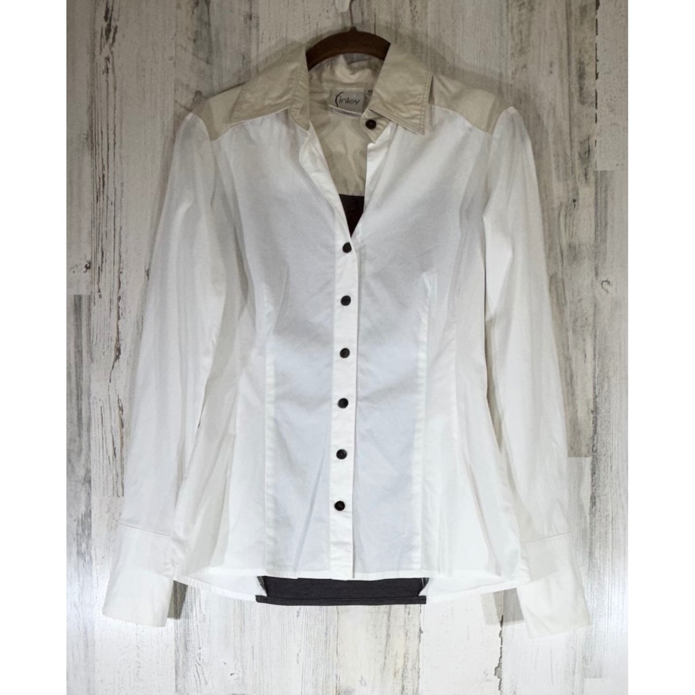 Finley Button Down Shirt XS White Tan Gray Janice Sexy Smart Mixed‎ Media USA